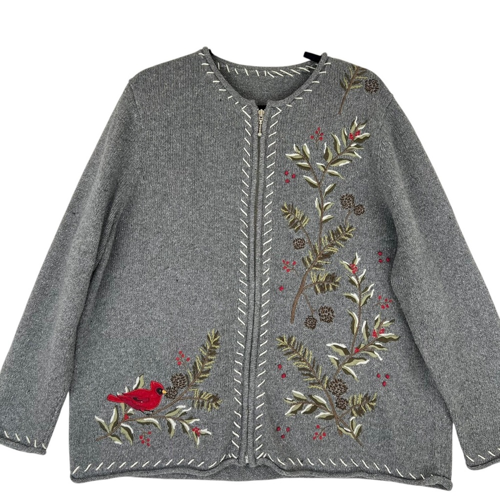 Embroidered Cardigan Sweater Gray Red Bird Floral Winter Sz L Ugly Christmas